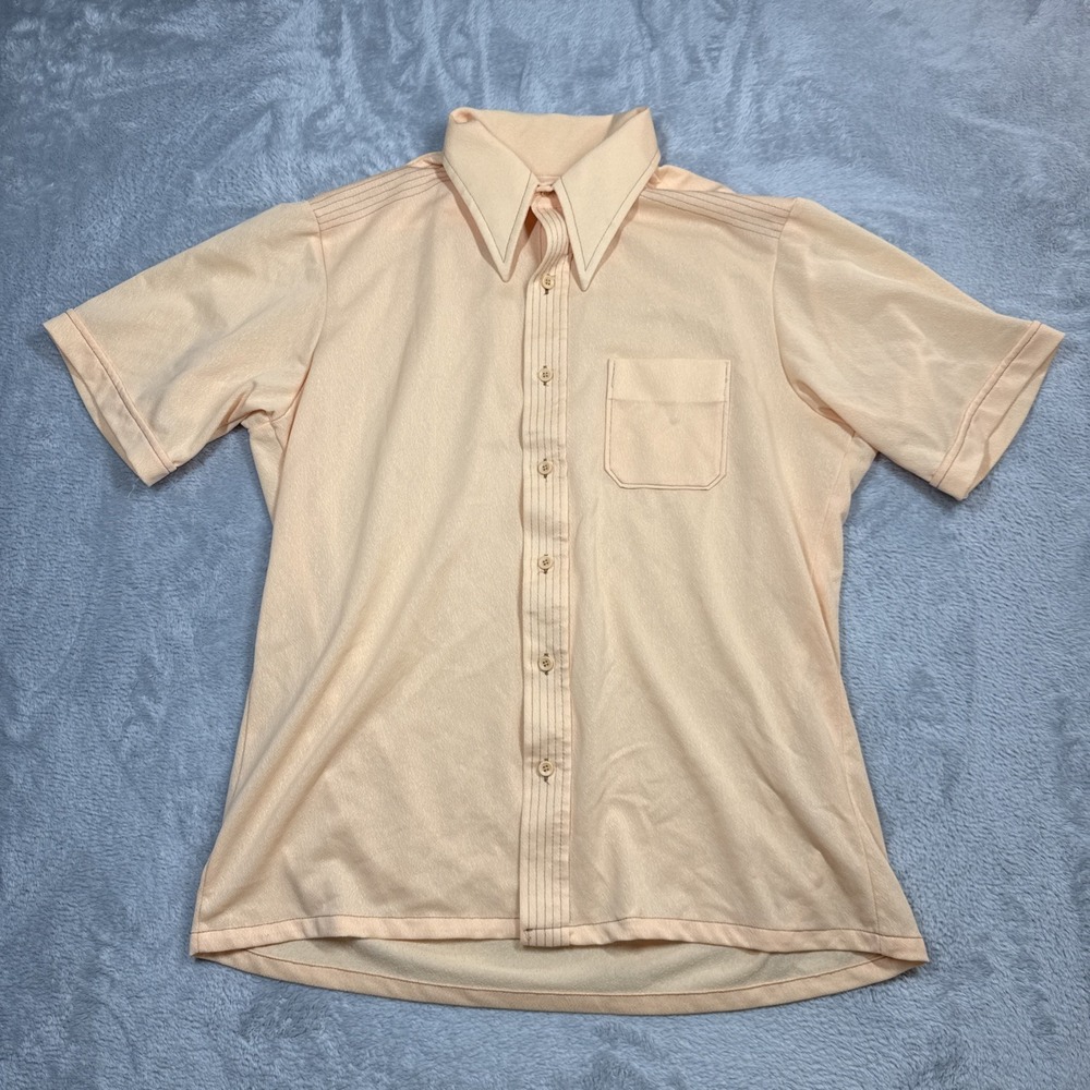 Vintage Hudsons Button Shirt Men Large 16-16.5 Orange Textured Sheer‎ Dagger 70s